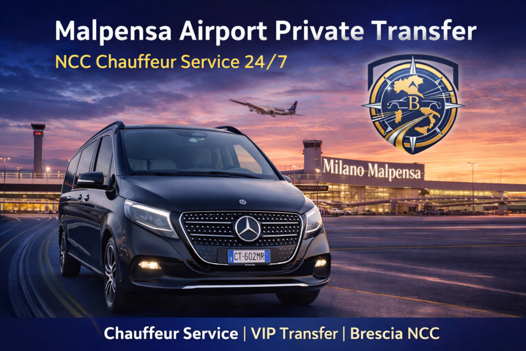 Premium Malpensa Airport Private Transfer by Brescia NCC. 24/7 luxury chauffeur service, fixed rates, reliable airport transfers.